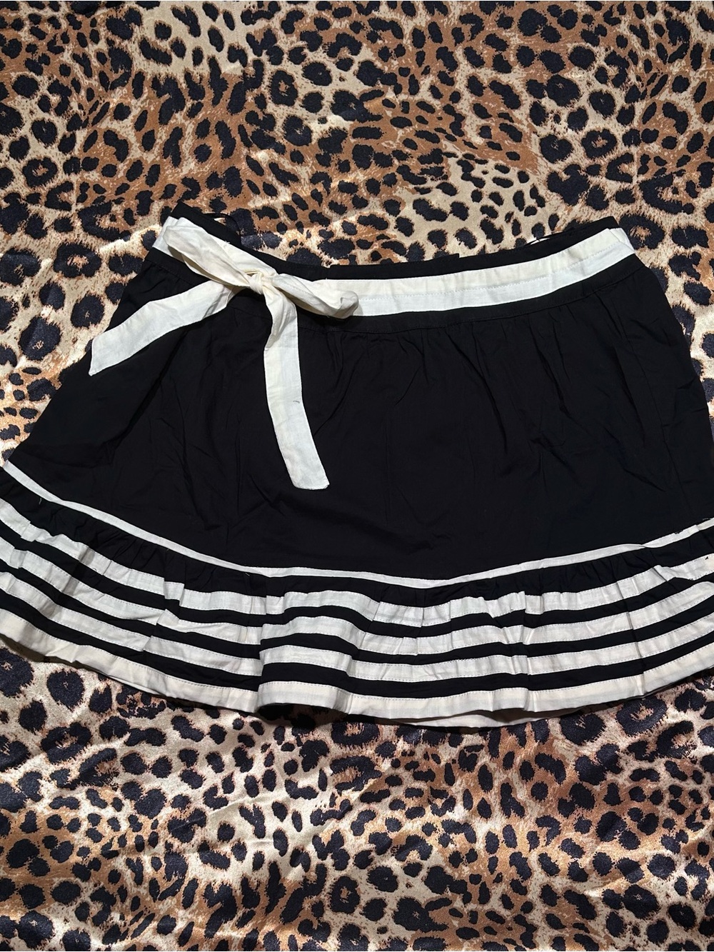 ❌SOLD❌Y2K Nolita Deadstock Black Ruffle Mini Skirt with Cream Stripes & Bow